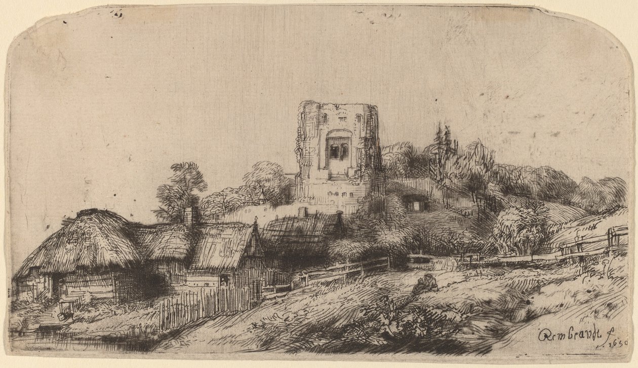 Táj egy négyzet alakú toronnyal alkotó: Rembrandt van Rijn