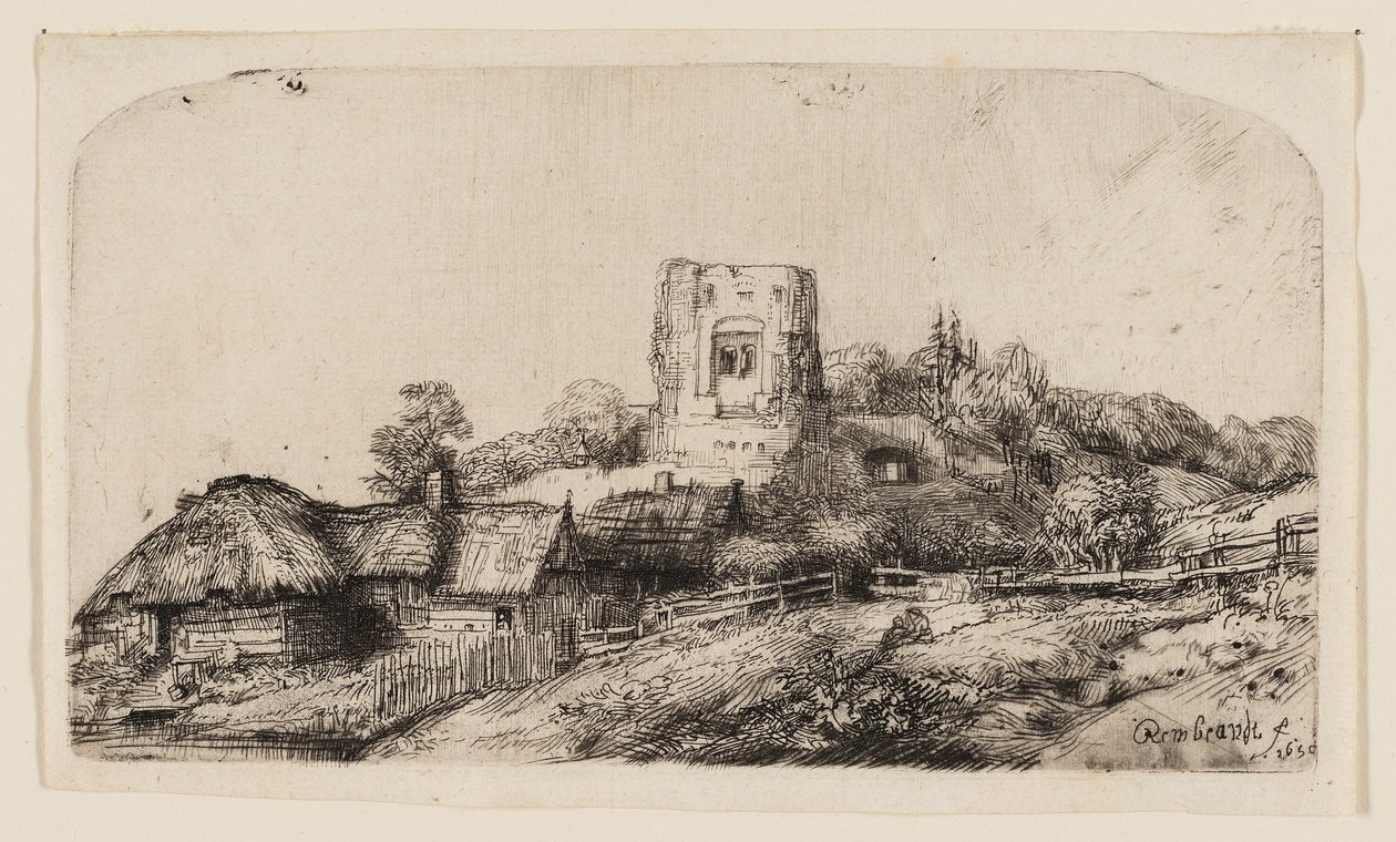 Táj egy négyzet alakú toronnyal alkotó: Rembrandt van Rijn