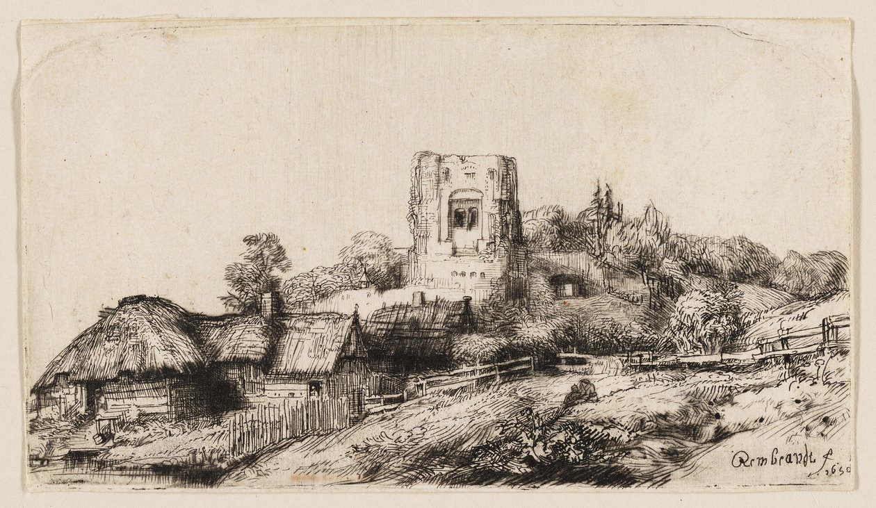 Táj egy négyzet alakú toronnyal alkotó: Rembrandt van Rijn