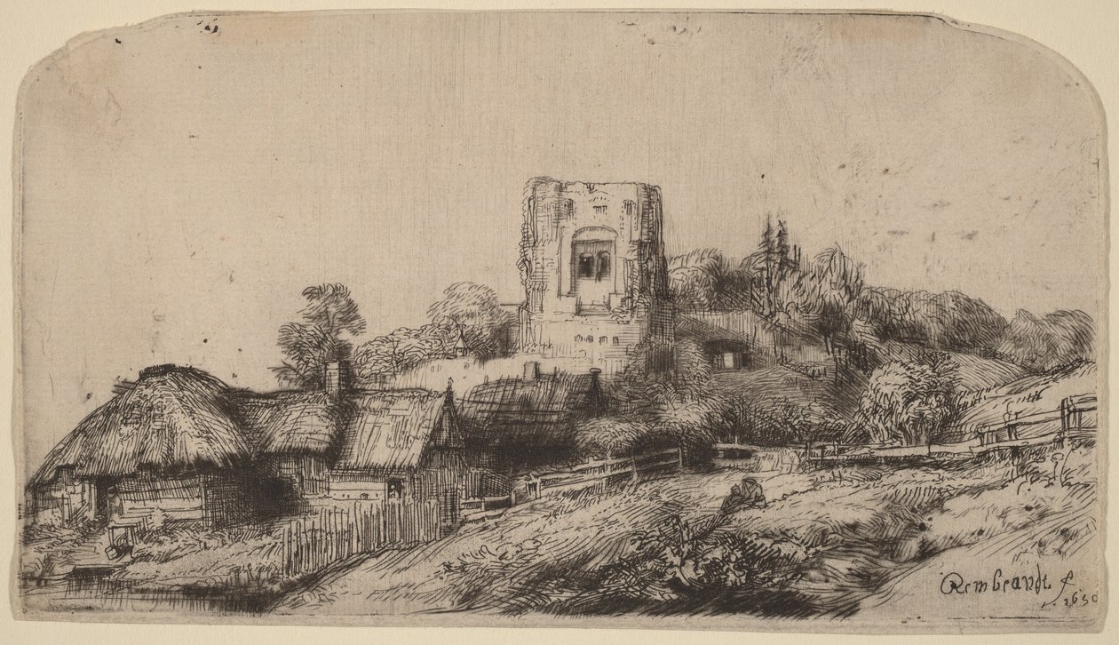Tájkép négyzet alakú toronnyal alkotó: Rembrandt van Rijn