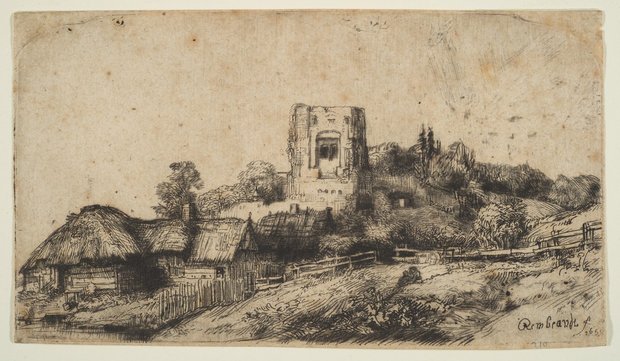 Táj négyszögletes toronnyal, 1650. alkotó: Rembrandt van Rijn