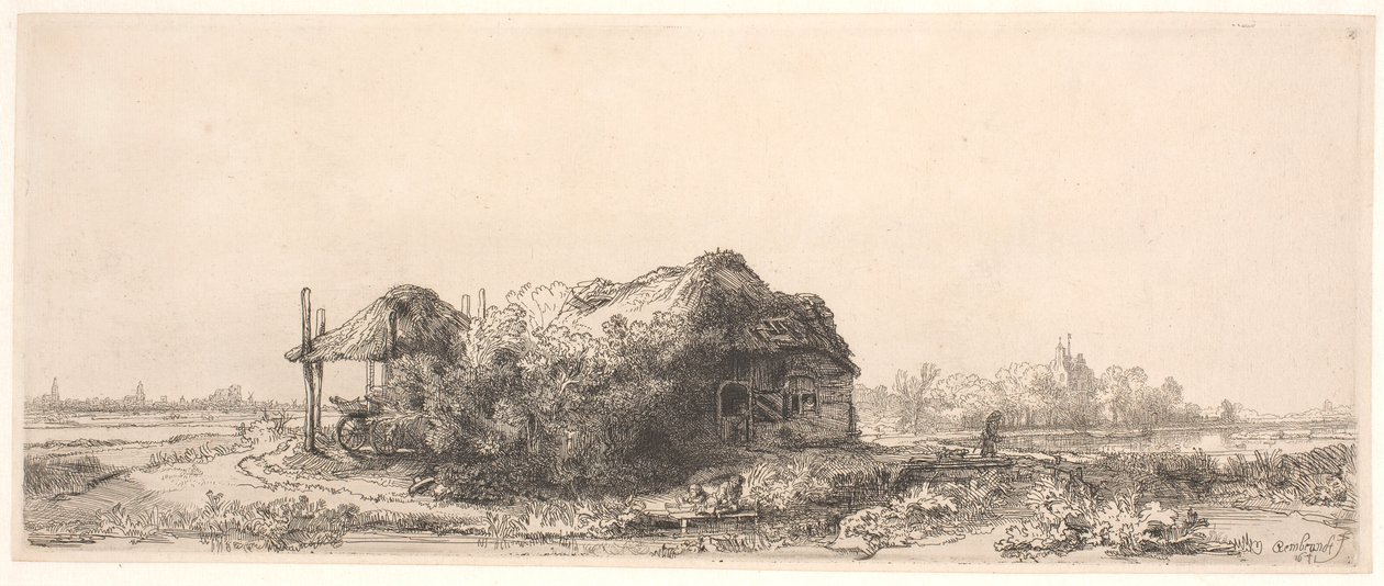 Tájkép kunyhóval és szénapajtával: hosszúkás alkotó: Rembrandt van Rijn