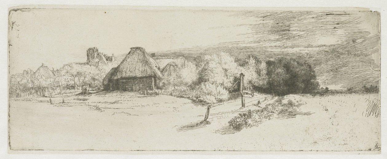 Tájkép egy gazdasági épülettel és a „tornyos házzal” alkotó: Rembrandt van Rijn