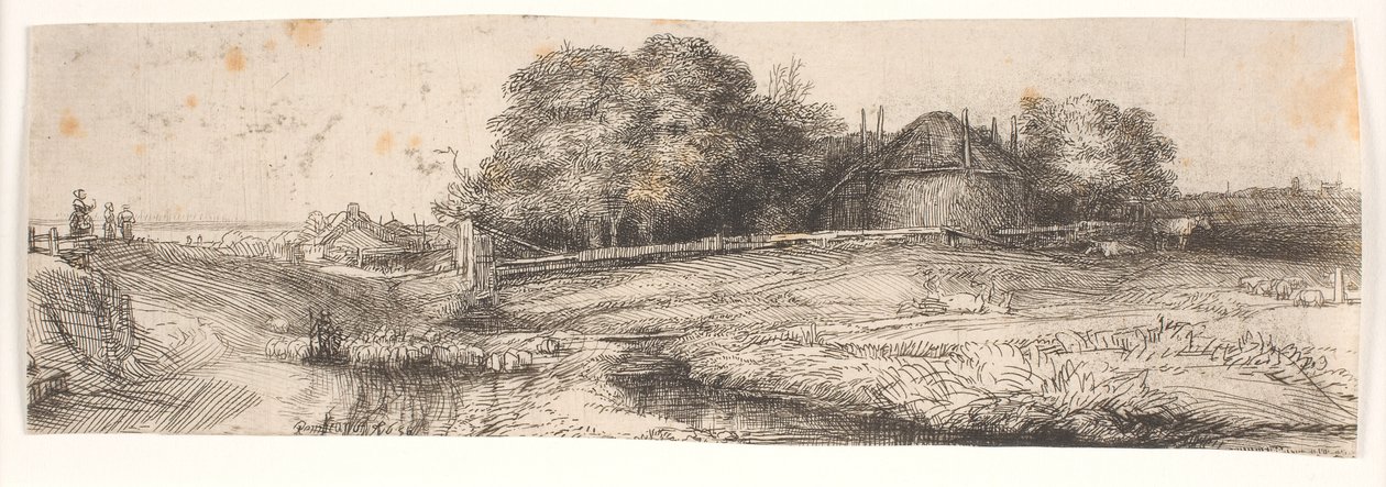 Tájkép szénapajtával és birkanyájjal alkotó: Rembrandt van Rijn