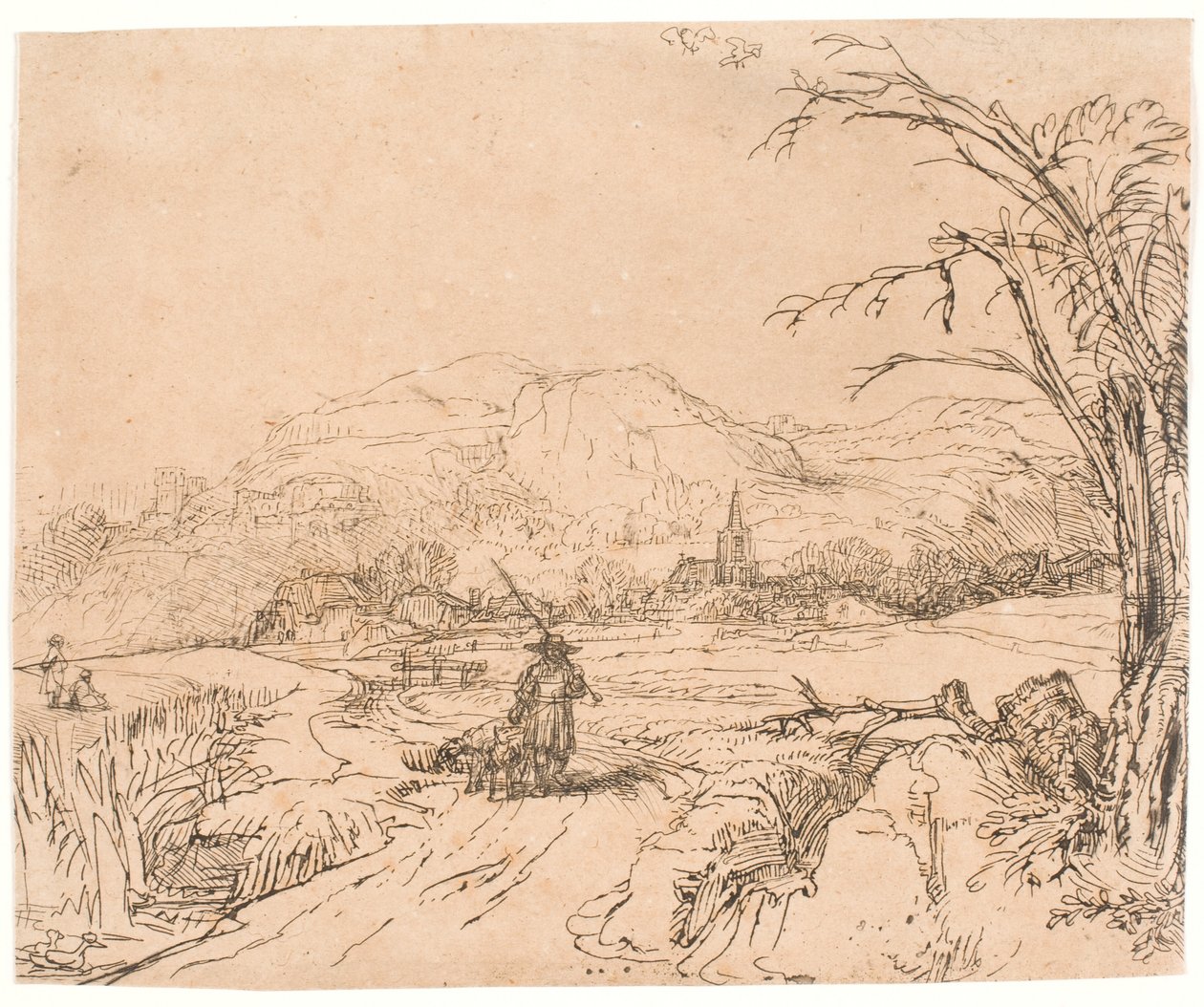 Tájkép sportolóval és kutyákkal alkotó: Rembrandt van Rijn