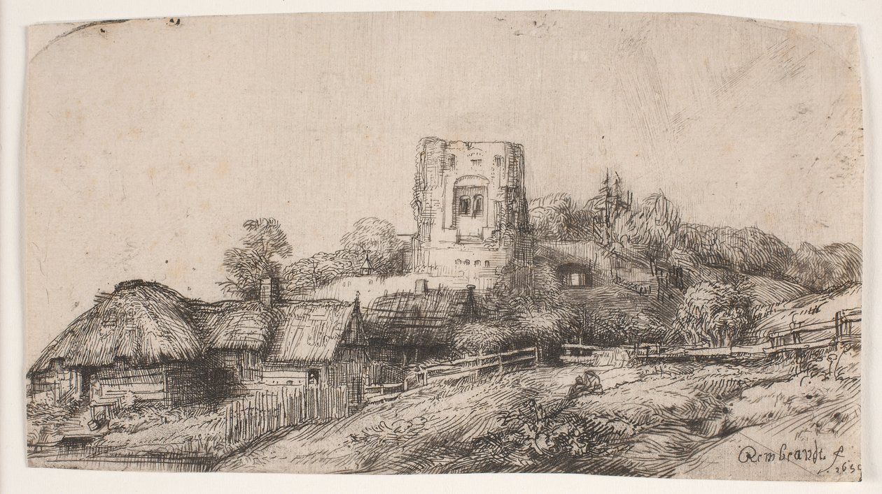 Tájkép négyzet alakú toronnyal alkotó: Rembrandt van Rijn