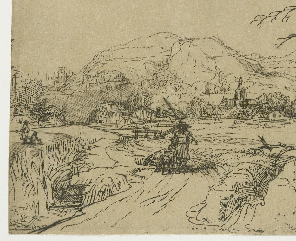 Tájkép sportolóval és kutyákkal alkotó: Rembrandt van Rijn