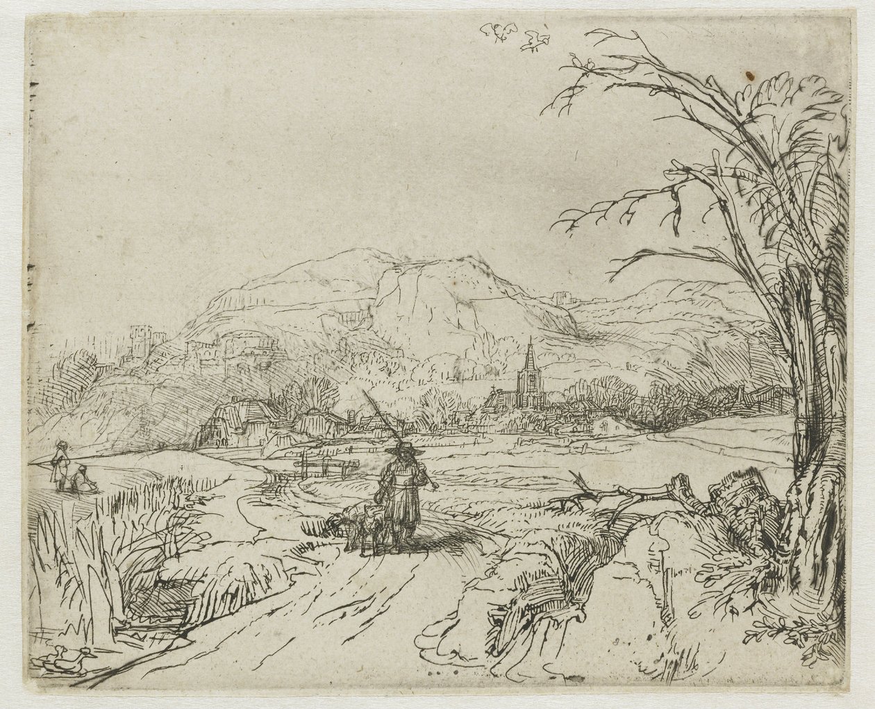 Tájkép sportolóval és kutyákkal alkotó: Rembrandt van Rijn