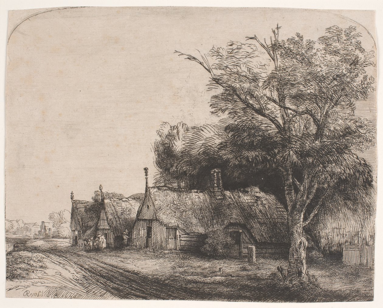 Táj három oromzatos házikóval egy út mellett alkotó: Rembrandt van Rijn