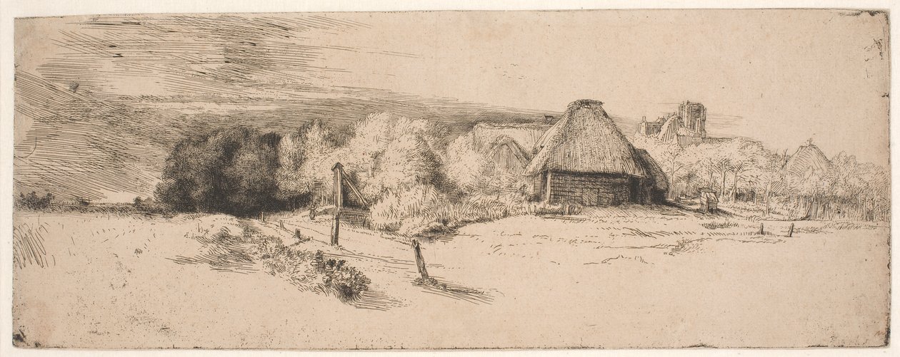 Tájkép fákkal, gazdasági épületekkel és egy toronnyal alkotó: Rembrandt van Rijn