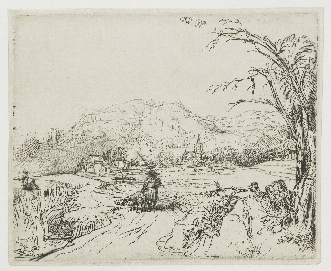 Tájkép juhásszal és kutyákkal („A kis vadász”) alkotó: Rembrandt van Rijn