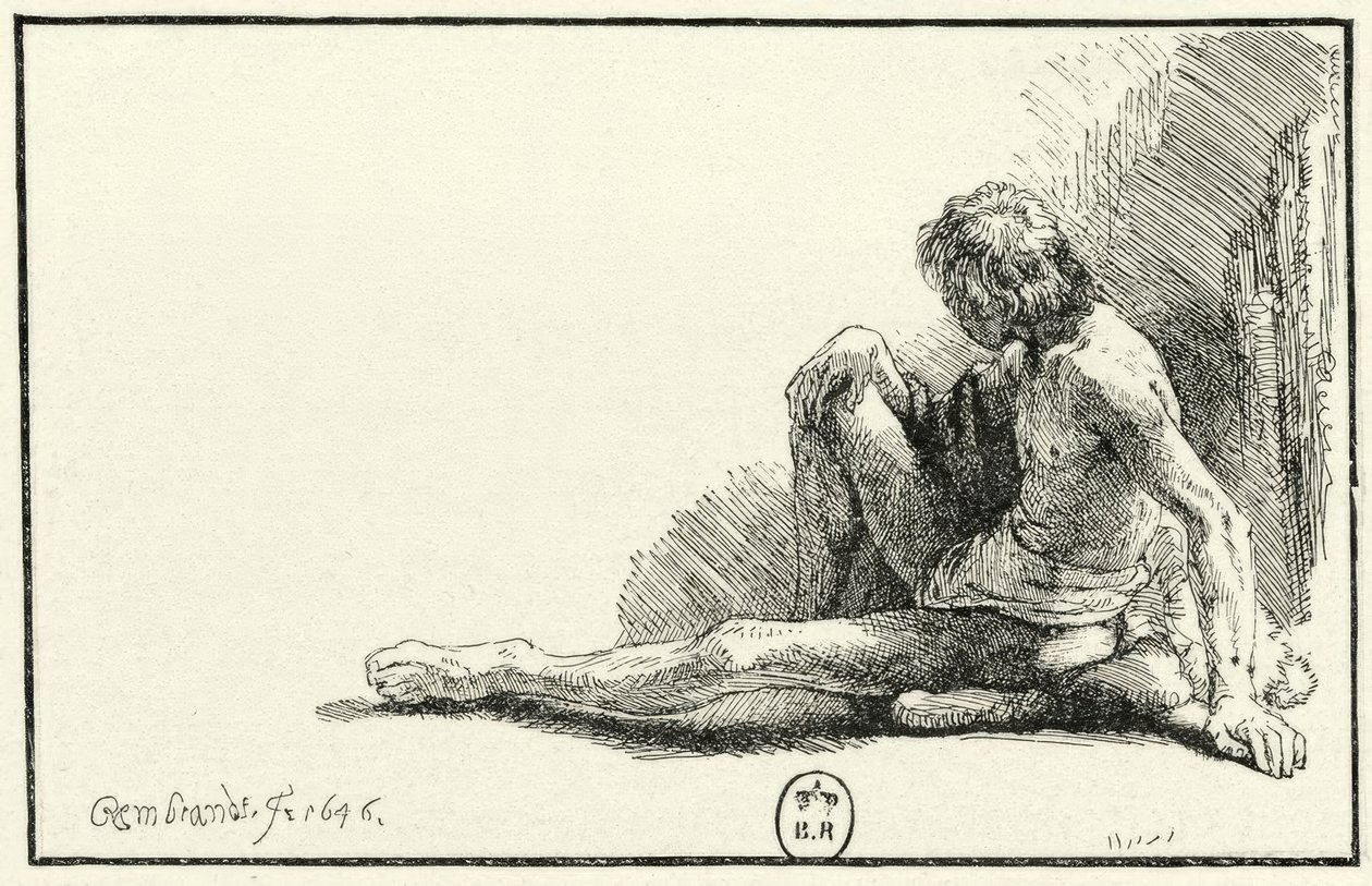 Férfi meztelen, ül a földön alkotó: Rembrandt van Rijn