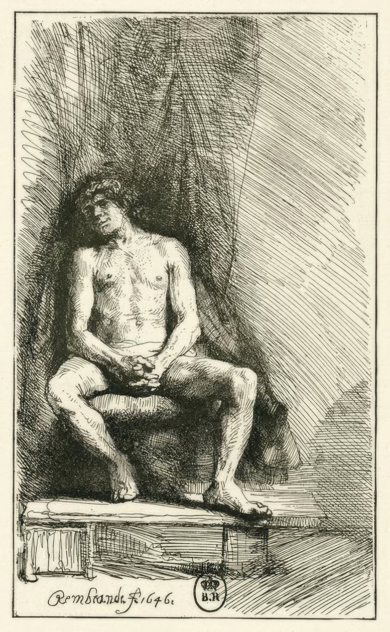 Férfi akt, ülve alkotó: Rembrandt van Rijn