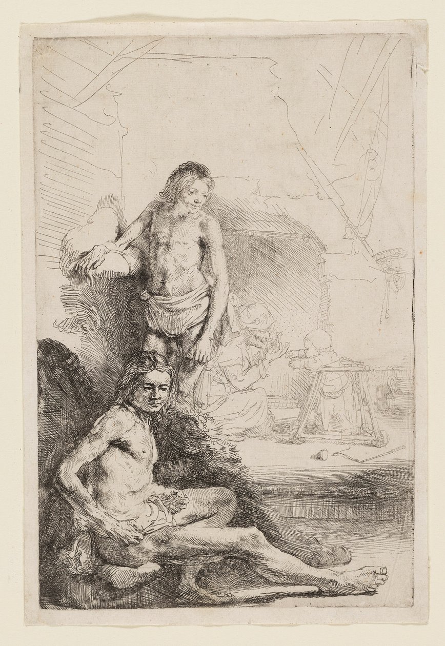 Férfi meztelenül ülve és állva alkotó: Rembrandt van Rijn