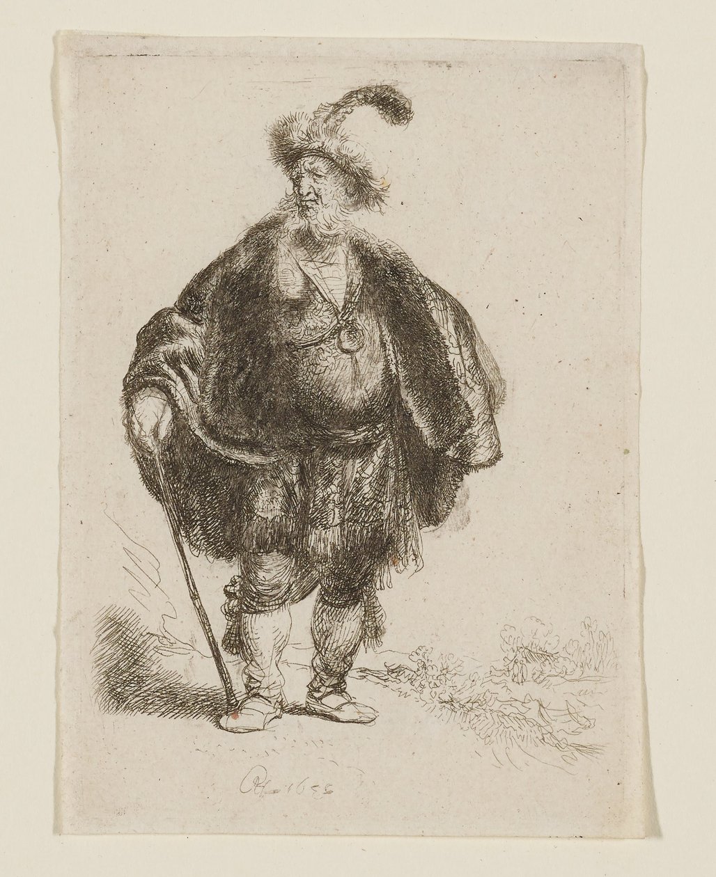 Álló férfi keleti viseletben és tollas szőrme sapkában alkotó: Rembrandt van Rijn