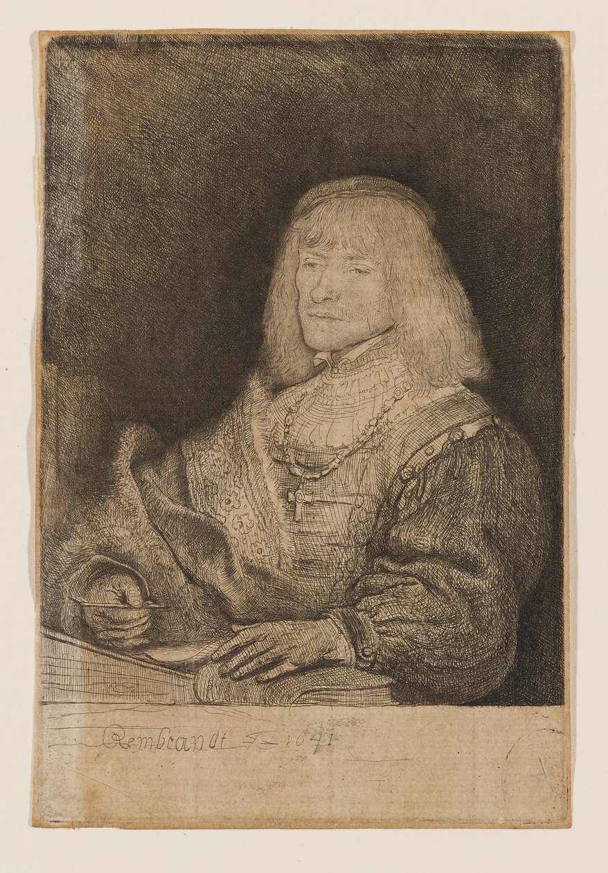 Férfi az íróasztalnál, keresztet és láncot visel alkotó: Rembrandt van Rijn