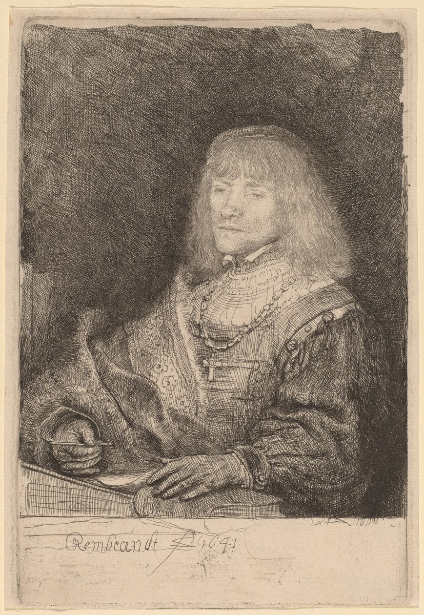 Férfi az íróasztalnál, keresztet és láncot visel alkotó: Rembrandt van Rijn