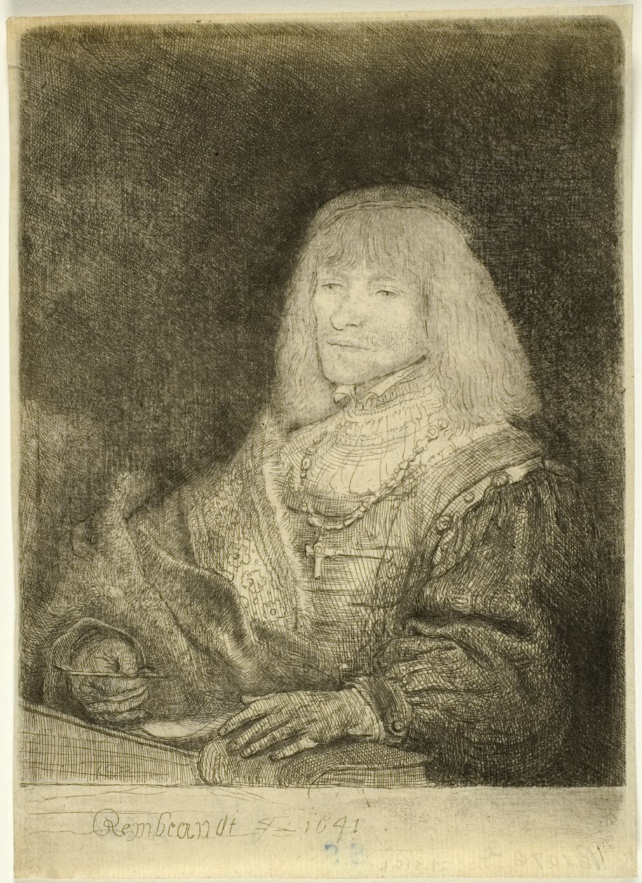 Férfi az íróasztalnál, keresztet és láncot visel alkotó: Rembrandt van Rijn