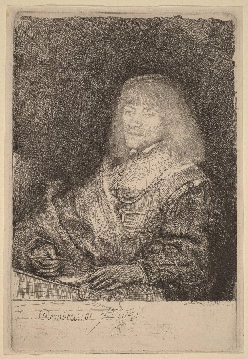 Egy íróasztalnál ülő férfi, aki keresztet és láncot visel alkotó: Rembrandt van Rijn