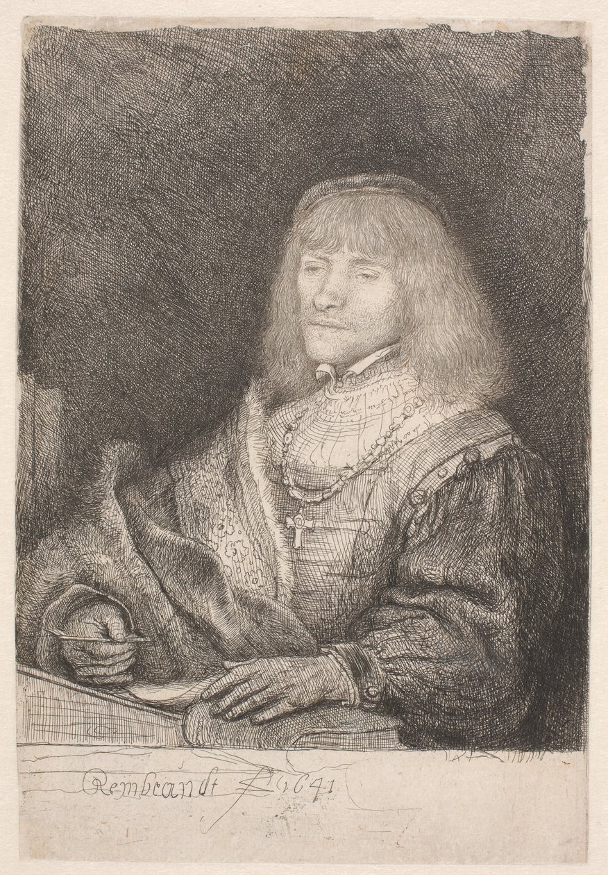 Egy férfi az íróasztalnál, keresztet és láncot visel alkotó: Rembrandt van Rijn