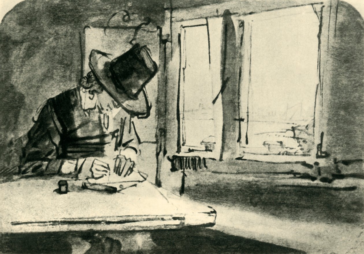 Férfi ablakon rajz, 17. század közepe, 1943. alkotó: Rembrandt van Rijn