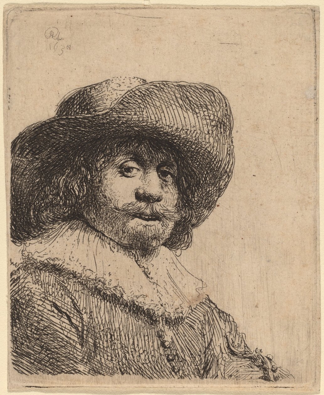 Férfi széles karimájú kalapban alkotó: Rembrandt van Rijn