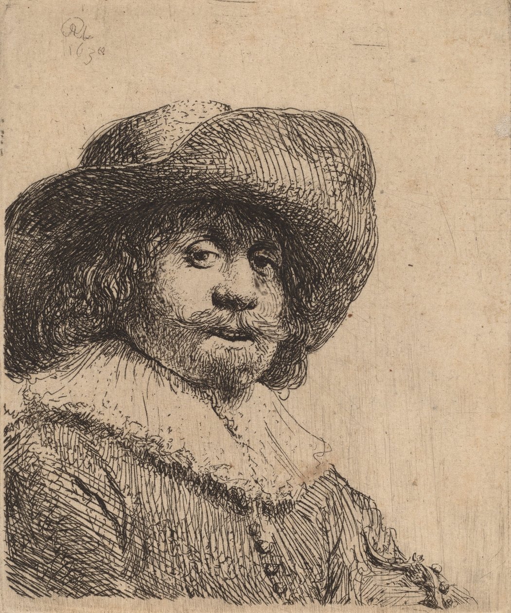 Férfi széles karimájú kalapban, valószínűleg 1638-ban. alkotó: Rembrandt van Rijn