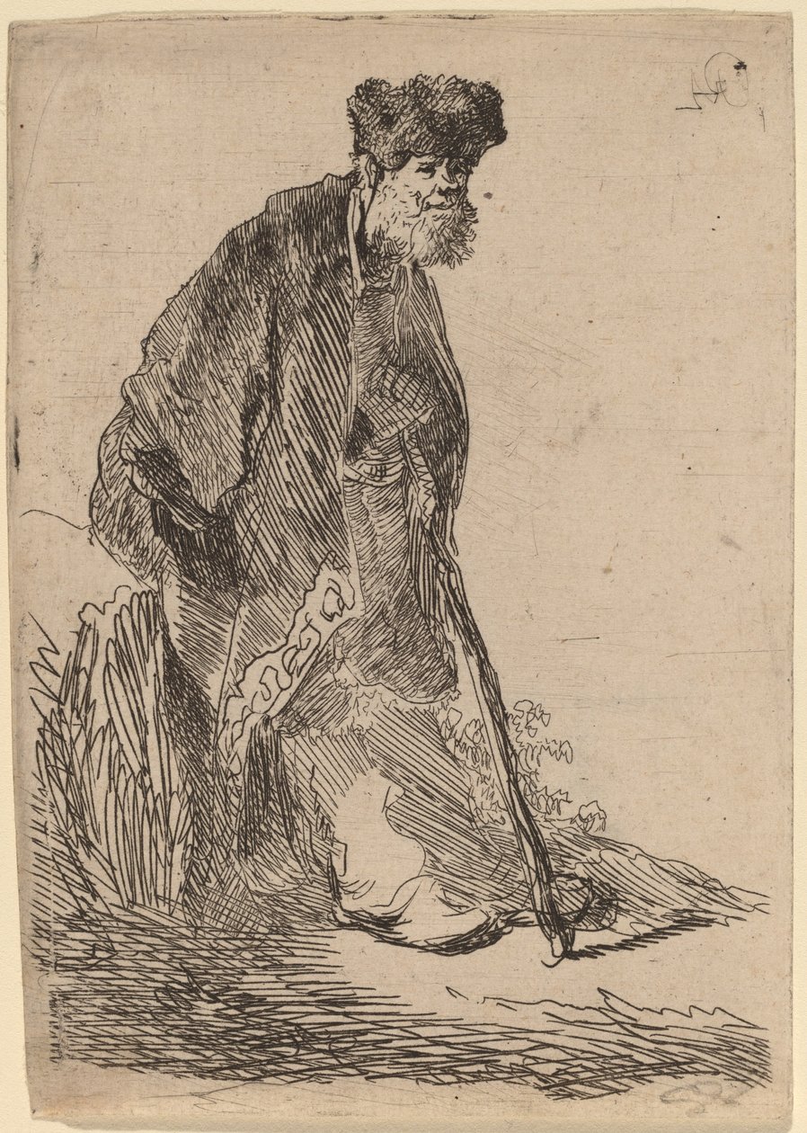 Kabátos és szőrme sapkás férfi egy banknak dőlve alkotó: Rembrandt van Rijn