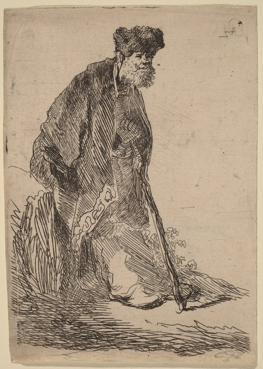 Kabátos, szőrme sapkás férfi, aki egy banknak támaszkodik alkotó: Rembrandt van Rijn
