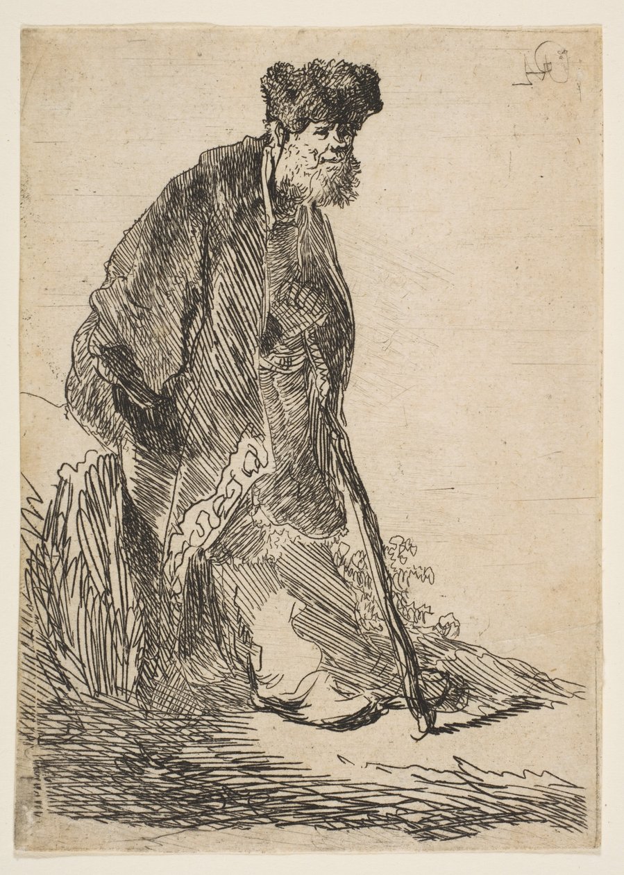 Kabátos és szőrsapkás férfi egy banknak támaszkodva, kb. 1630. alkotó: Rembrandt van Rijn