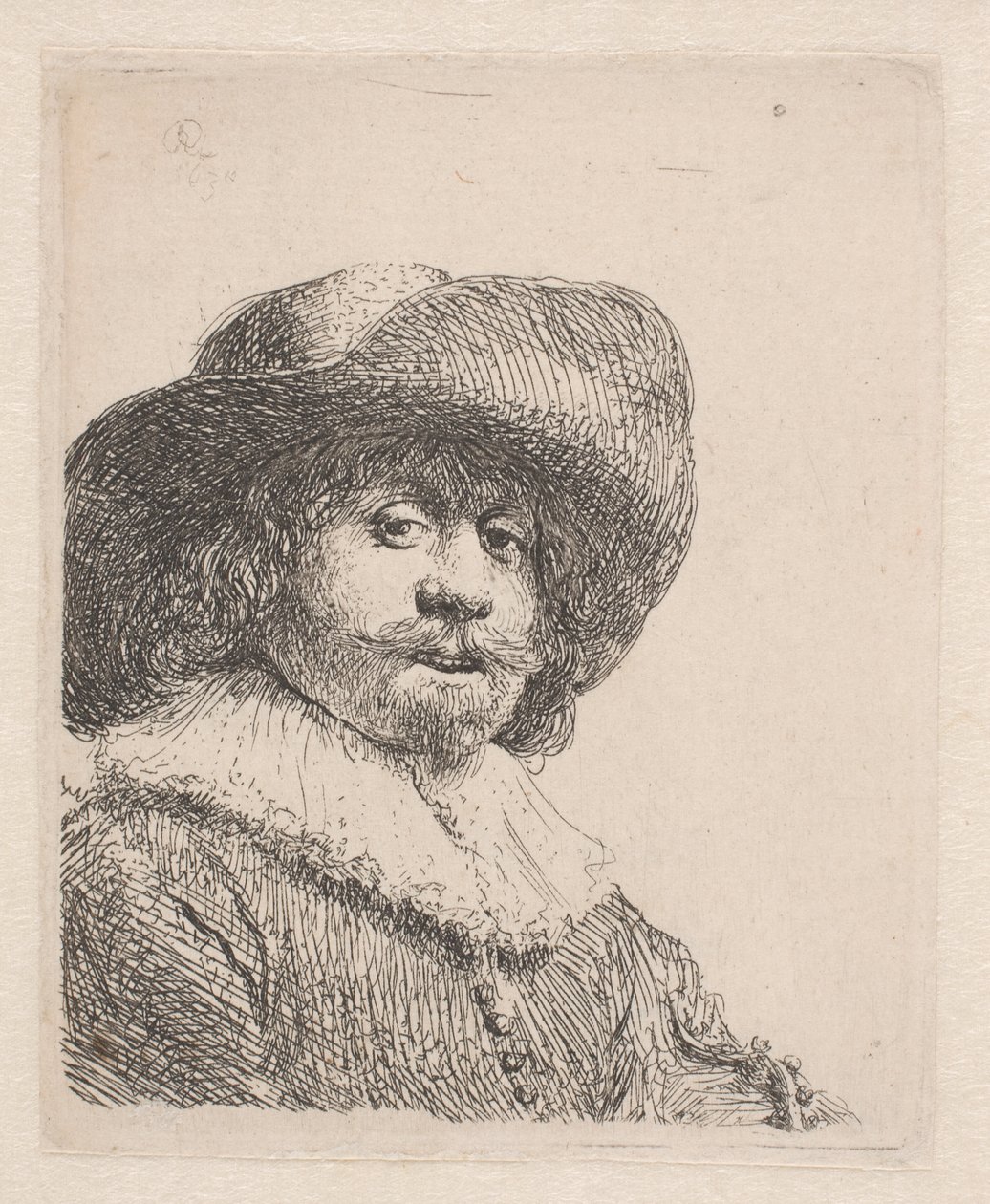 Férfi széles karimájú kalapban és ruffban alkotó: Rembrandt van Rijn