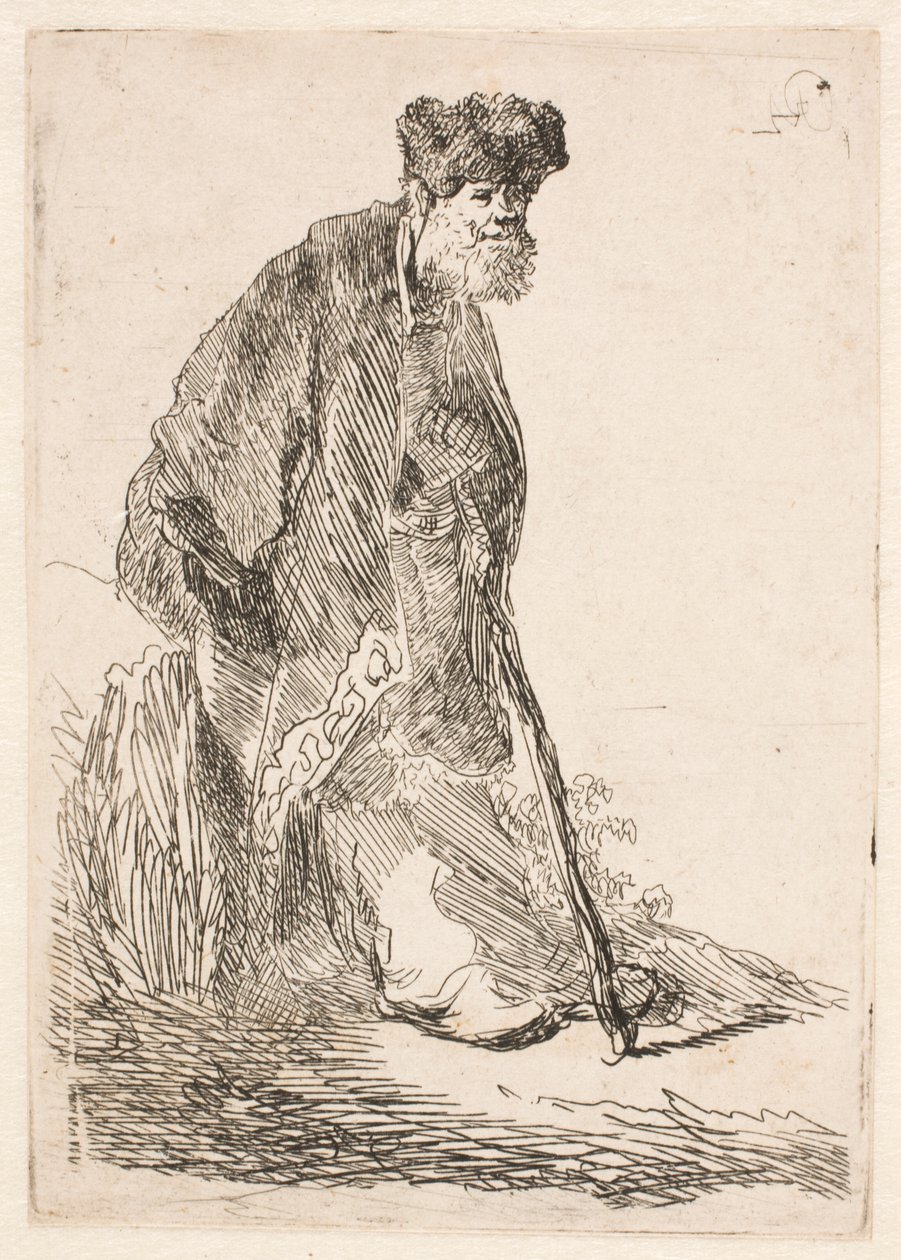 Egy köpenyben és szőrme sapkában lévő férfi, aki egy padnak támaszkodik alkotó: Rembrandt van Rijn