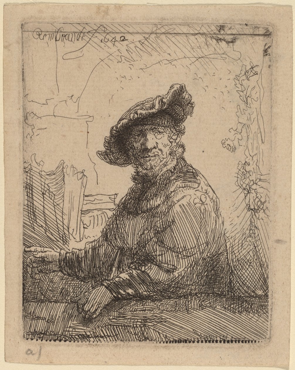 Férfi egy lugasban alkotó: Rembrandt van Rijn