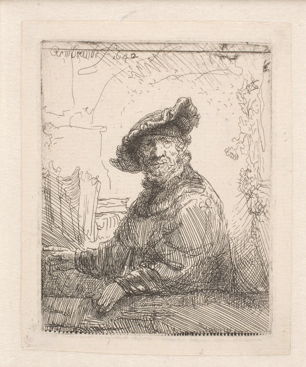 Férfi egy lugasban alkotó: Rembrandt van Rijn