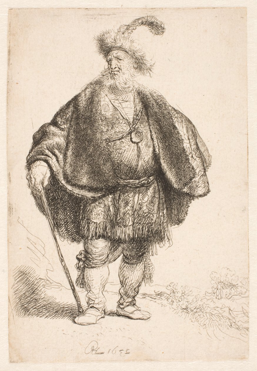 Keleti viseletben álló férfi, tollas szőrme sapkával alkotó: Rembrandt van Rijn