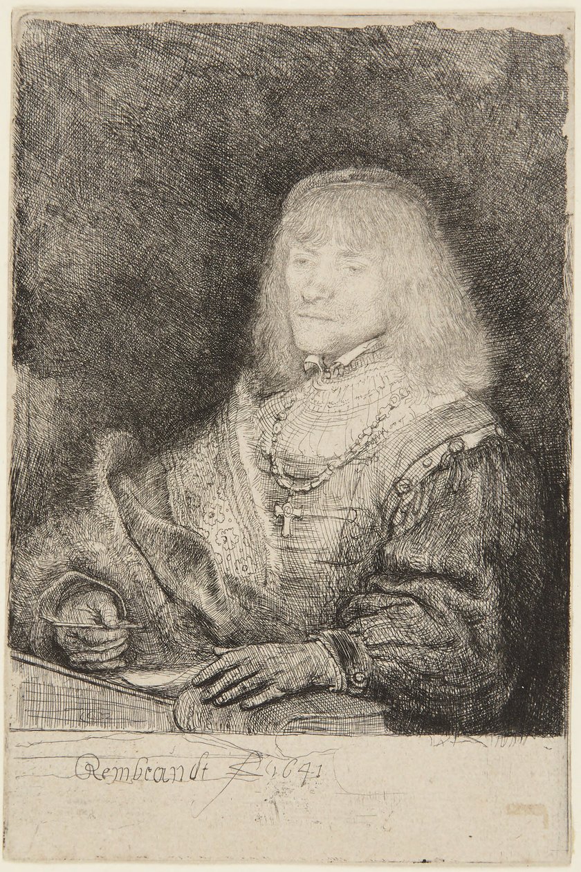 Férfi keresztet és láncot tartva alkotó: Rembrandt van Rijn