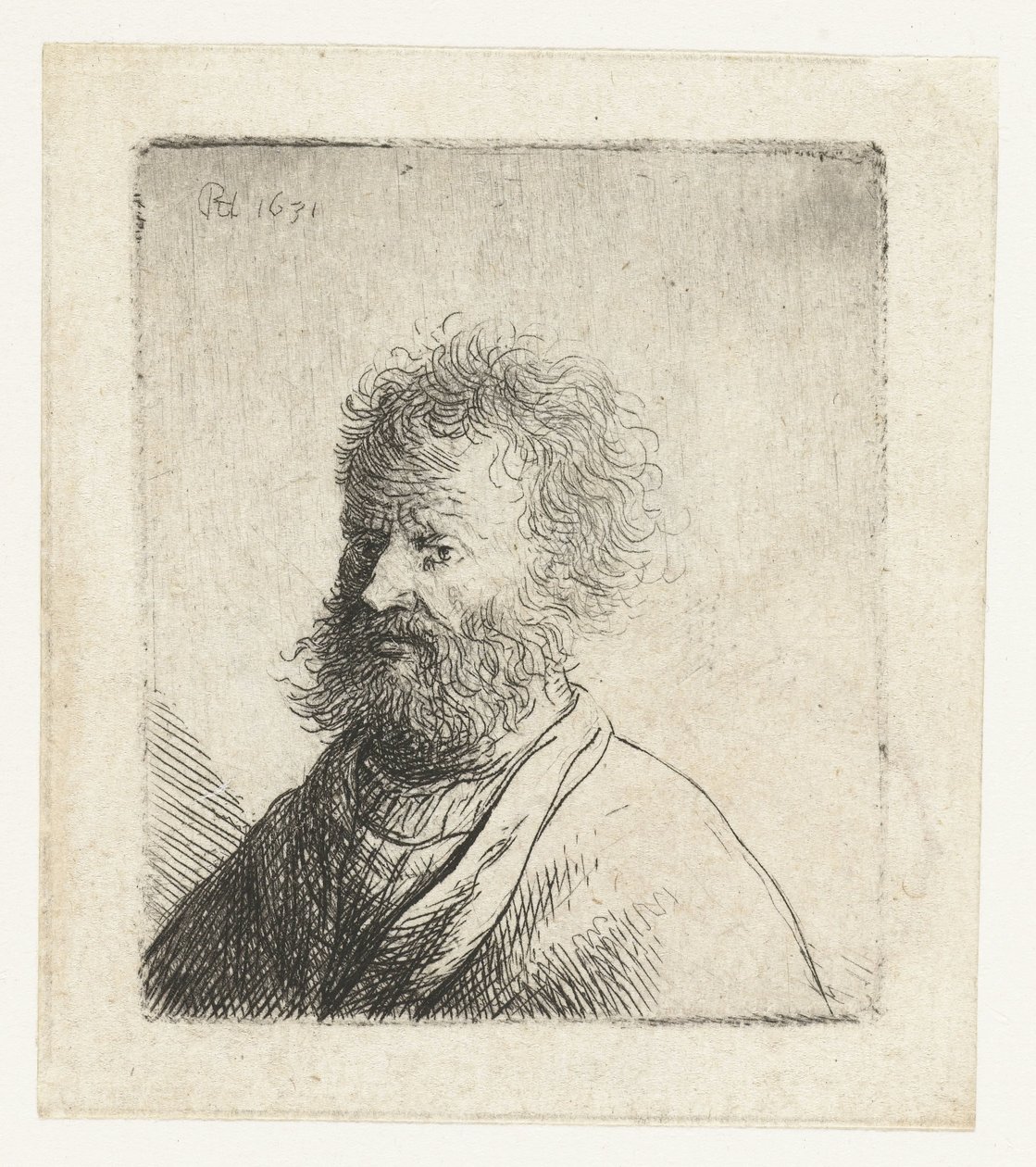 Négyzet alakú szakállú, göndör hajú férfi: mellszobor alkotó: Rembrandt van Rijn