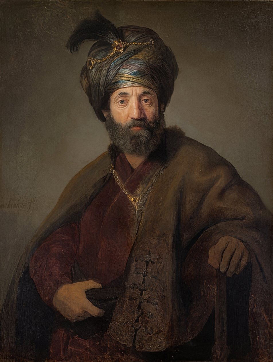 Férfi keleti jelmezben. 1635 körül alkotó: Rembrandt van Rijn