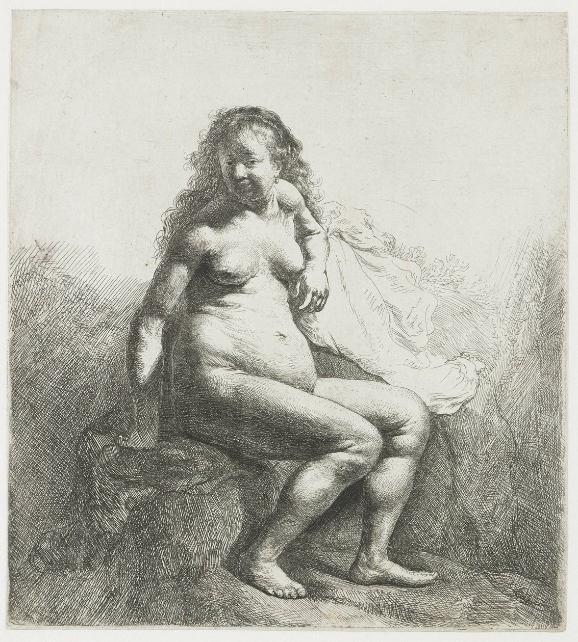 Meztelen nő egy halmon alkotó: Rembrandt van Rijn