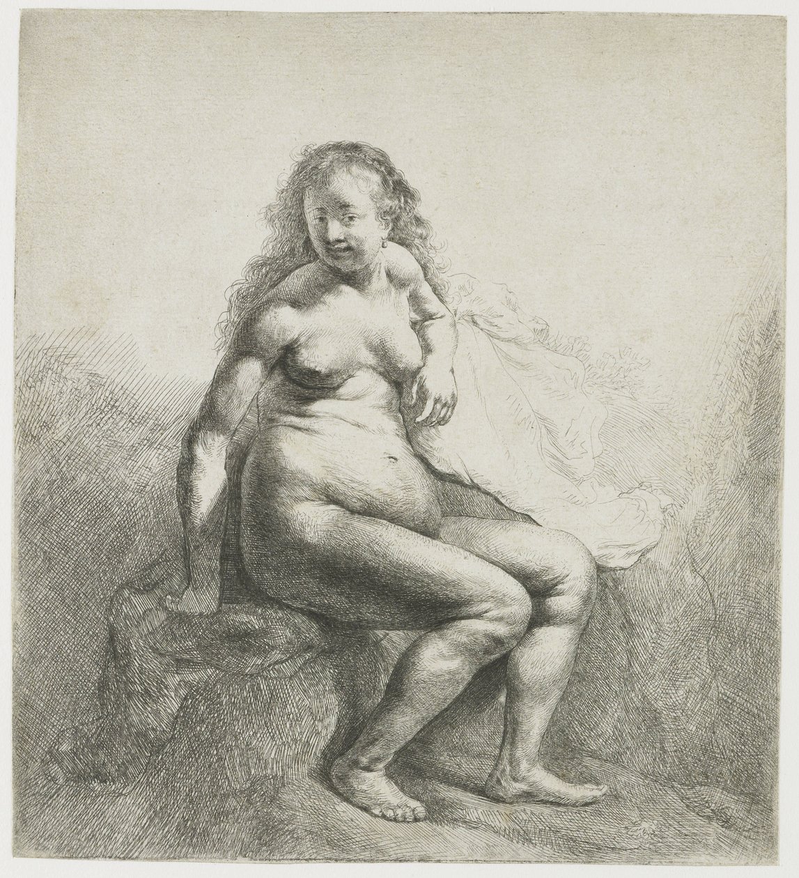 Meztelen nő egy halmon alkotó: Rembrandt van Rijn