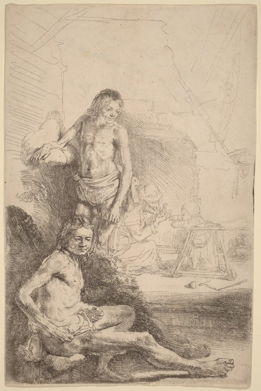 Ülő meztelen férfi és álló meztelen férfi, háttérben egy nővel és egy csecsemővel alkotó: Rembrandt van Rijn