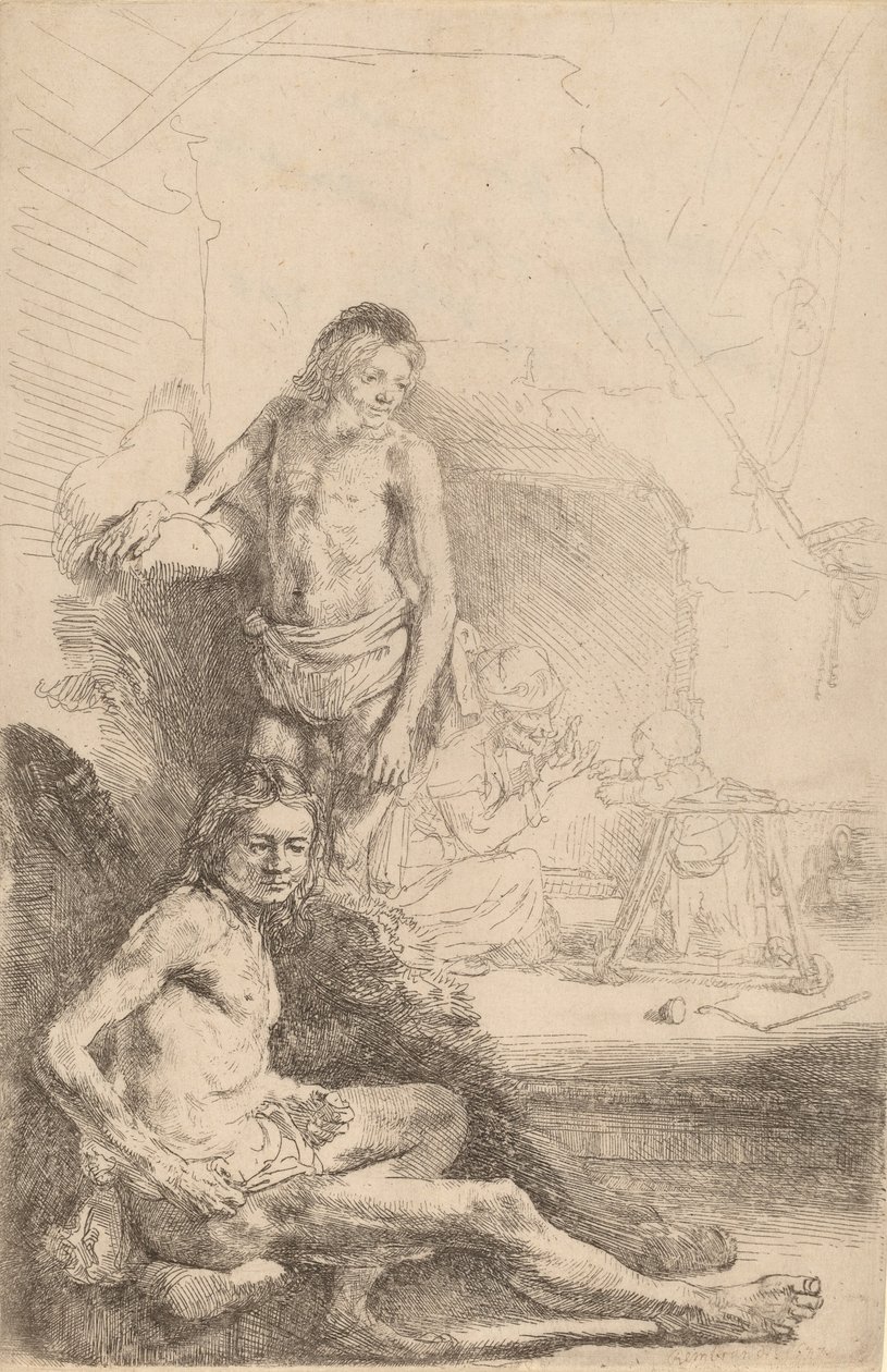 Meztelen férfi ülő és meztelen férfi állva, nővel és babával a háttérben, c. 1646. alkotó: Rembrandt van Rijn