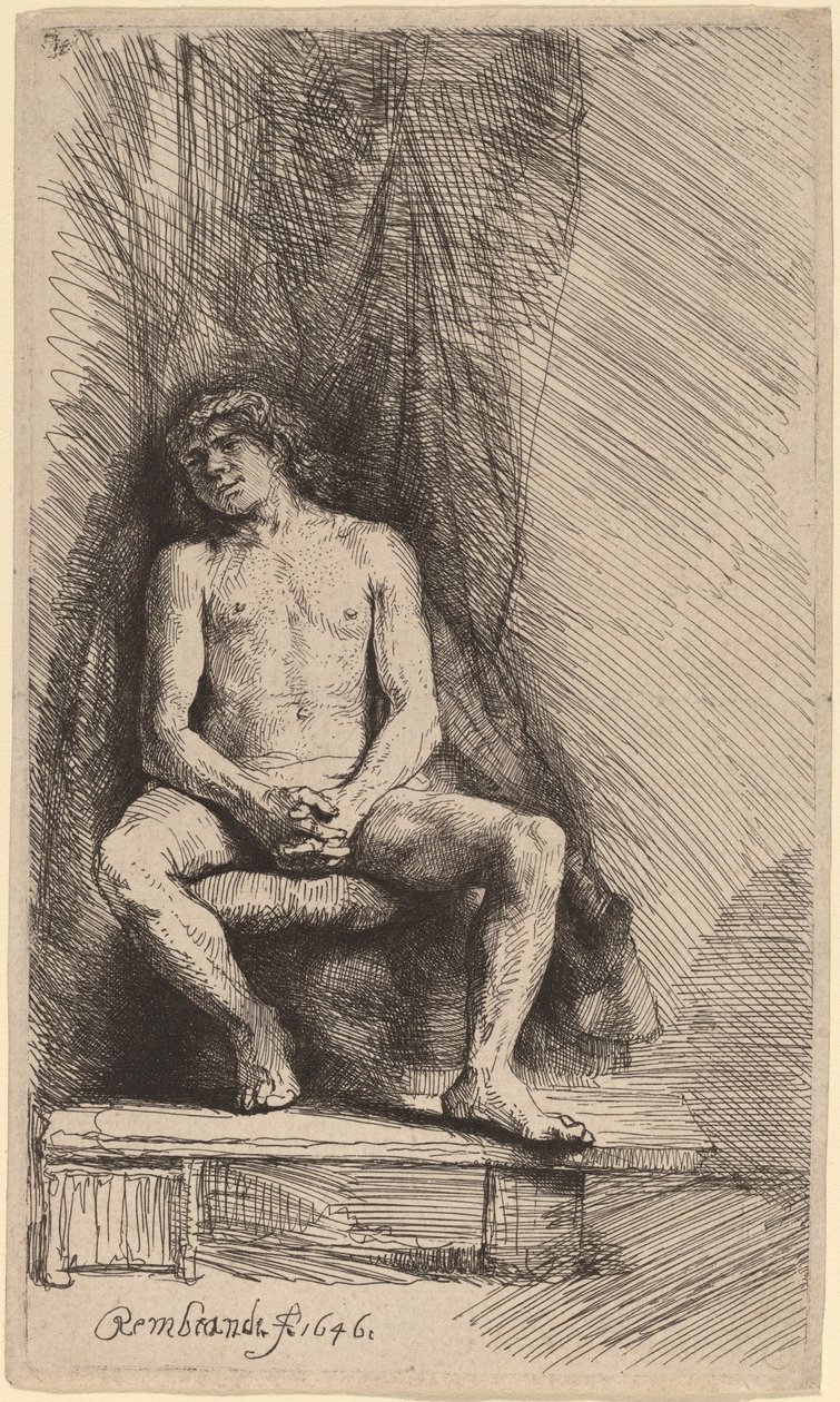 Meztelen férfi ül a függöny előtt alkotó: Rembrandt van Rijn