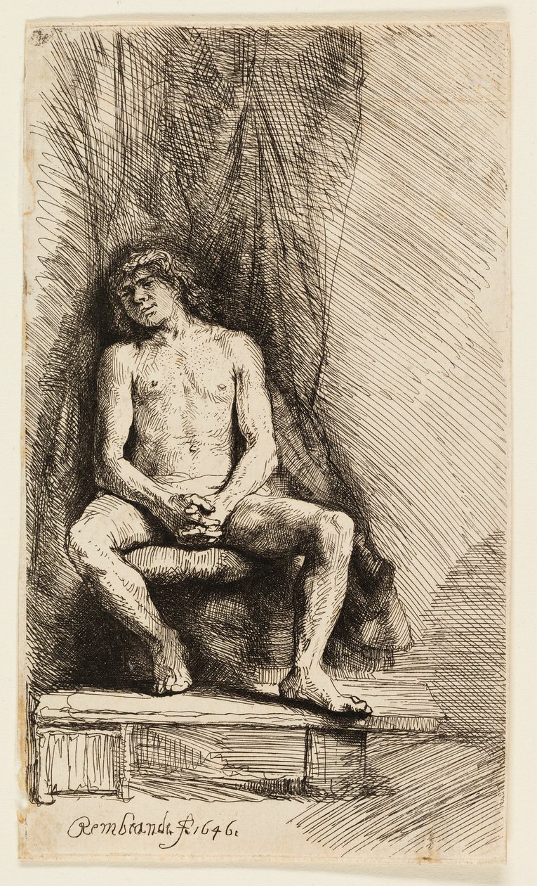 Meztelen férfi ül a függöny előtt alkotó: Rembrandt van Rijn