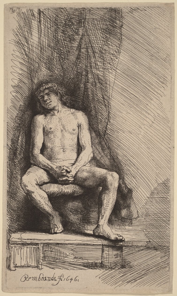 Meztelen férfi ül egy függöny előtt alkotó: Rembrandt van Rijn