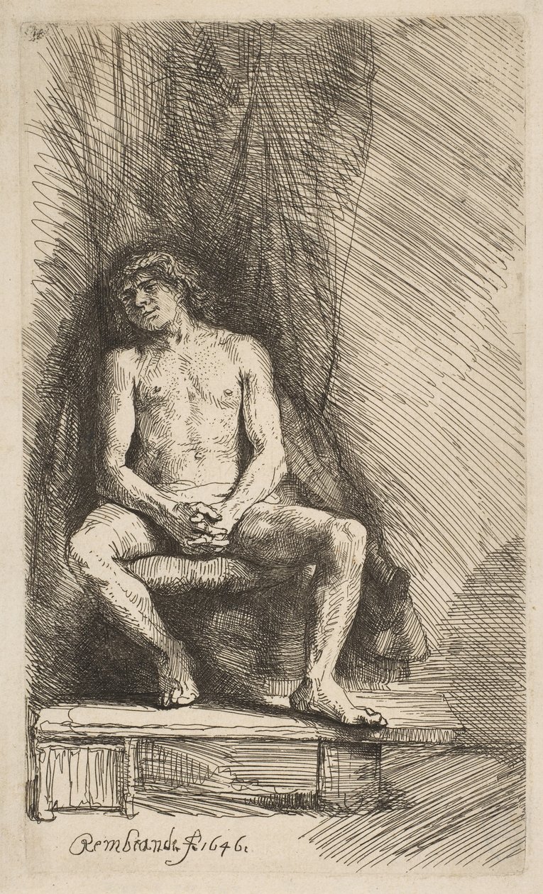 Meztelen férfi függöny előtt ül, 1646. alkotó: Rembrandt van Rijn