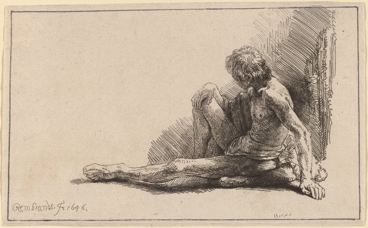 Meztelen férfi ül a földön, egyik lábát kinyújtva alkotó: Rembrandt van Rijn