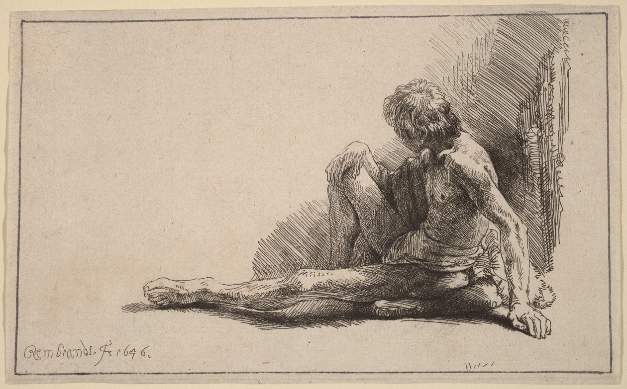 A földön ülő, egyik lábát kinyújtó meztelen férfi alkotó: Rembrandt van Rijn