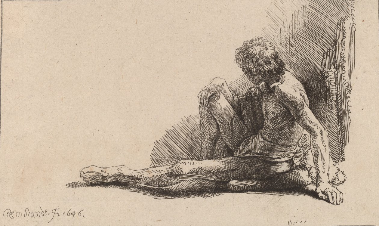 Meztelen férfi a földön ül, kinyújtott lábbal, 1646. alkotó: Rembrandt van Rijn