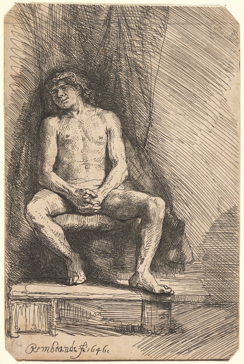 Meztelen férfi ül egy függöny előtt (BB.46-Bi) alkotó: Rembrandt van Rijn